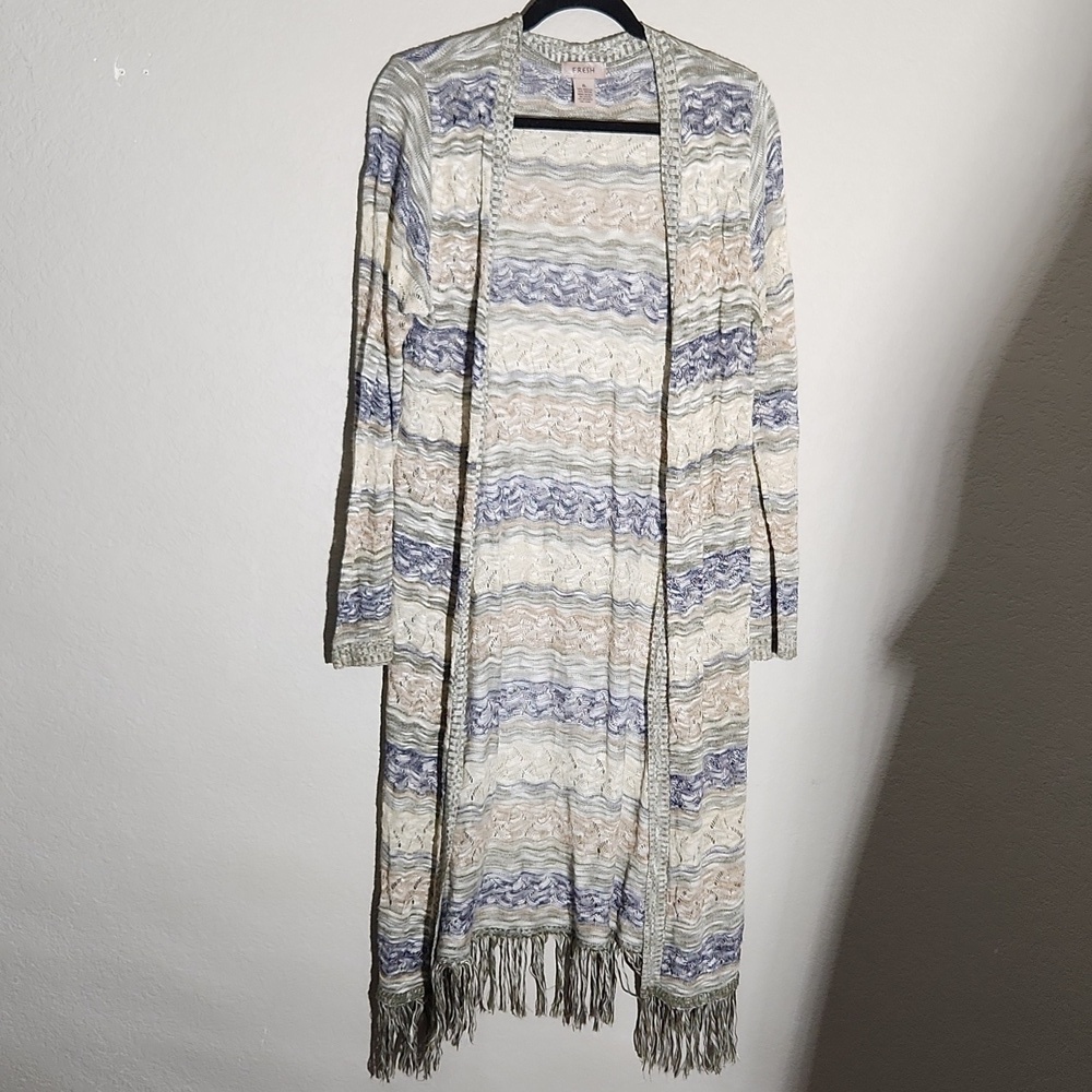 Fresh Cardigan Womens Size XL Long Fringe Knit Boho Whimsy Blue Tan